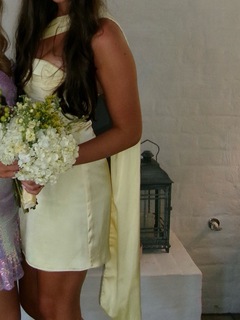 Trendy boutique Pale Yellow Strapless Mini Dress with Draped Sash